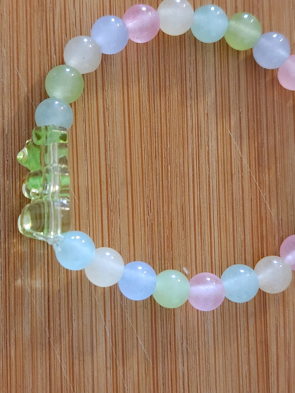 Hand Crafted Pastel Beaded Stretch Bracelet with Green Bear Charm